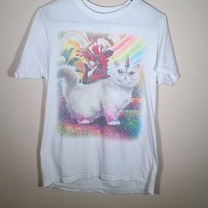 Girls t-shirt, white,  dead pool and unicorn kitten, small